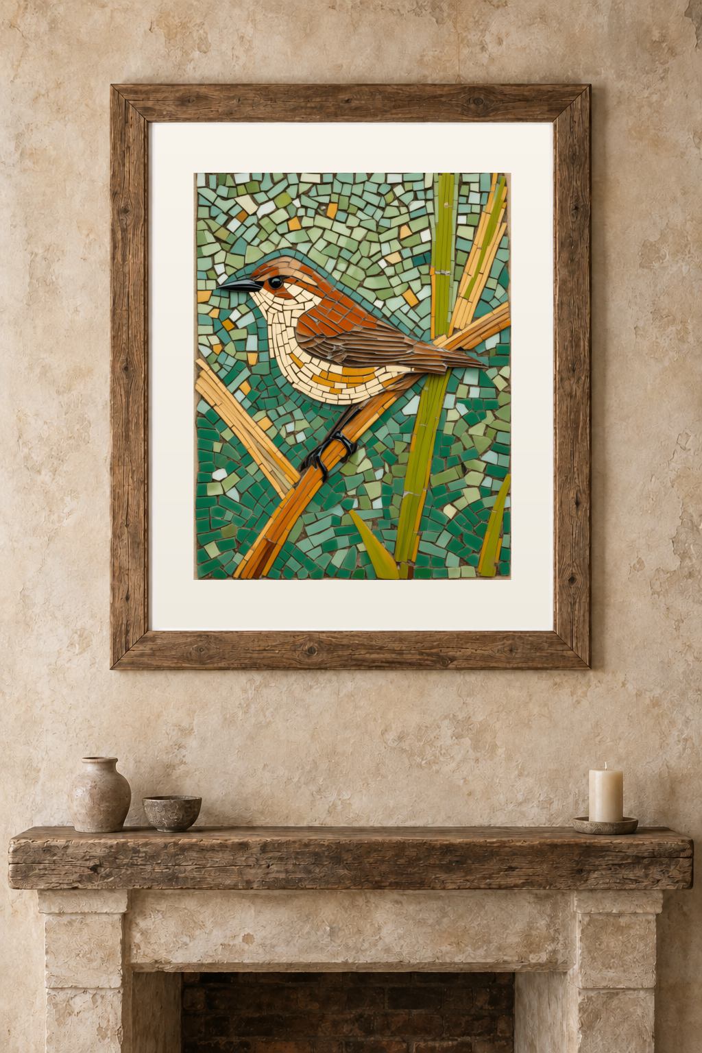 Reed Warbler Mosaic previewed in a real room