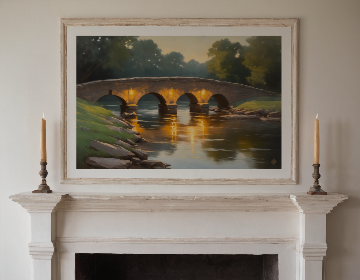 Evening River, Lamplit Bridge previewed in a real room