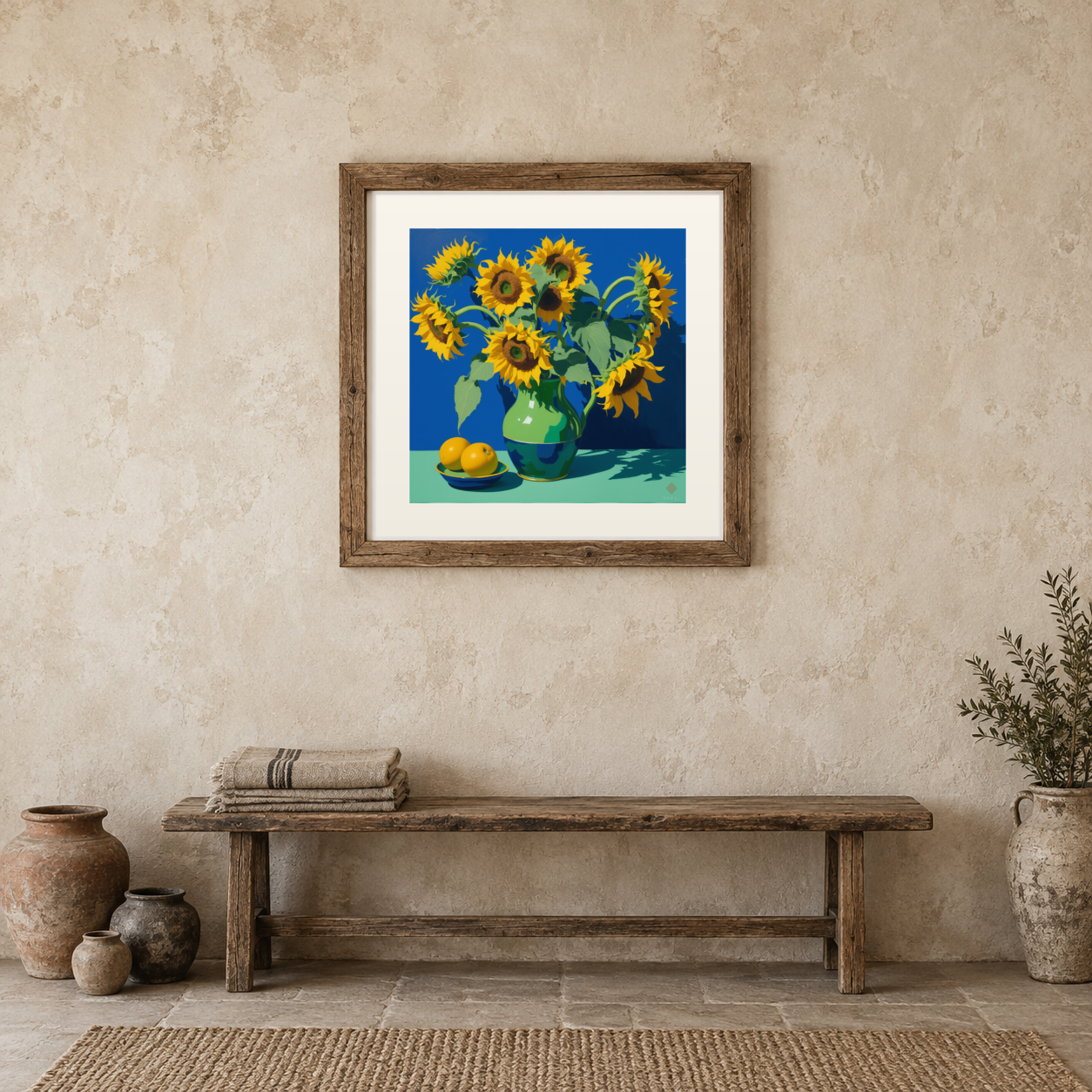 Sunflowers on Blue previewed in a real room