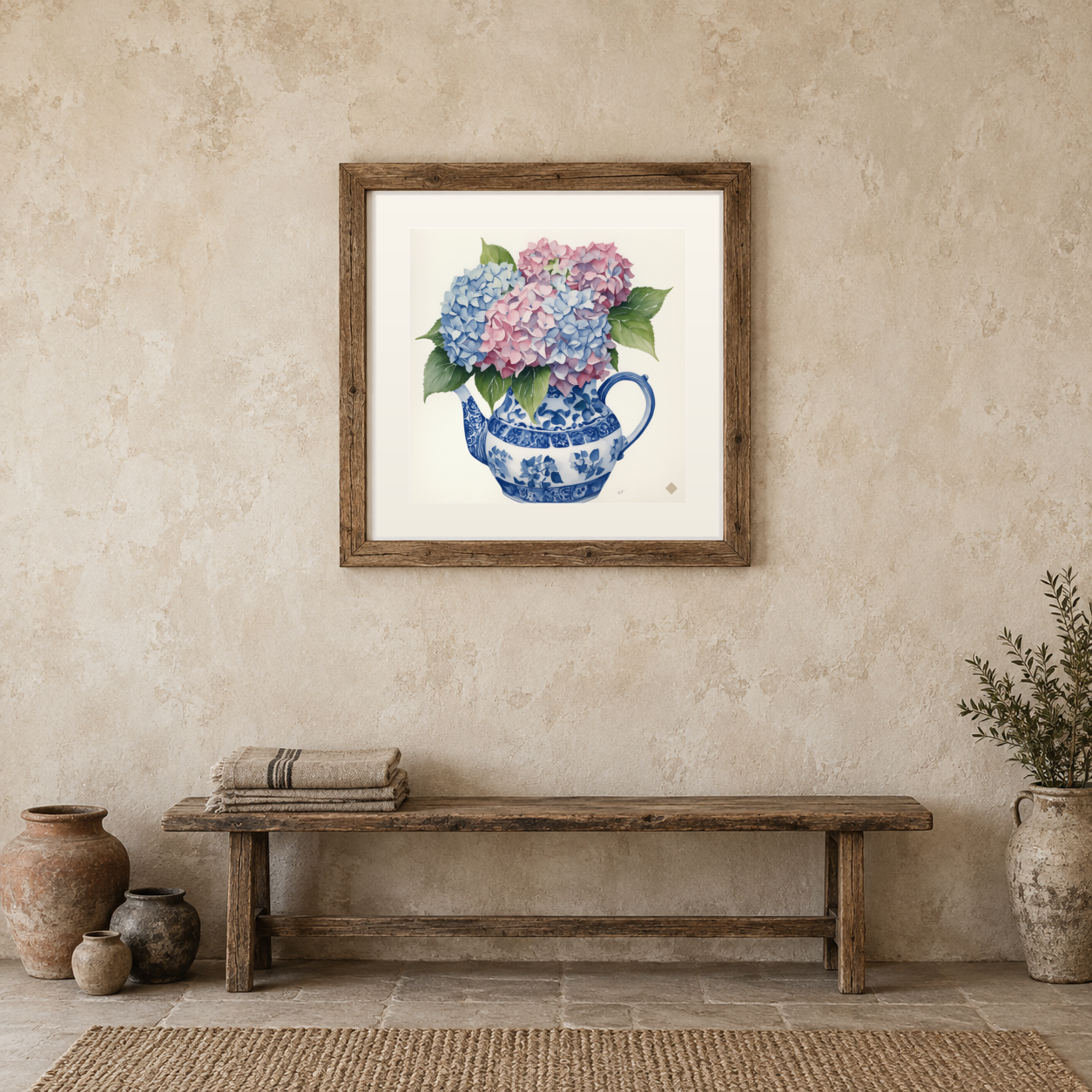 Blue and White, Full of Hydrangeas previewed in a real room