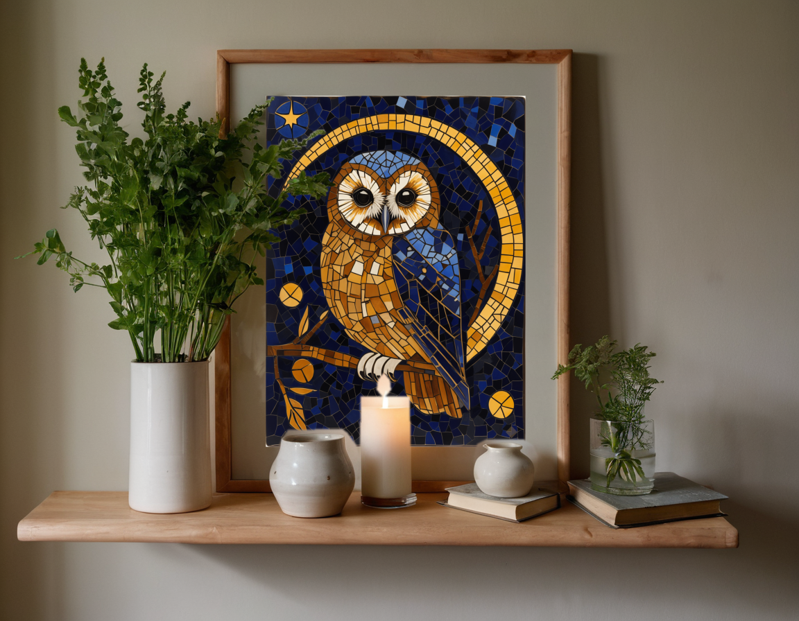 Mosaic Owl at Night previewed in a real room