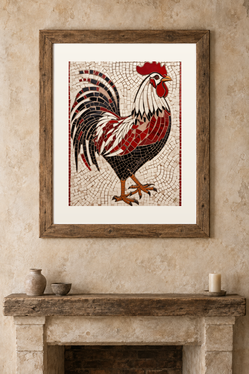 Mosaic Cockerel previewed in a real room