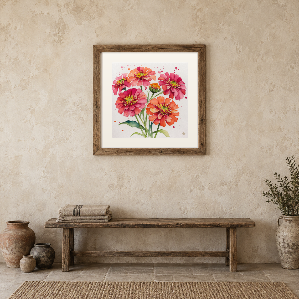 Zinnias previewed in a real room