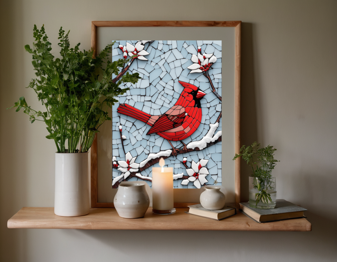 Mosaic Cardinal in the Snow previewed in a real room