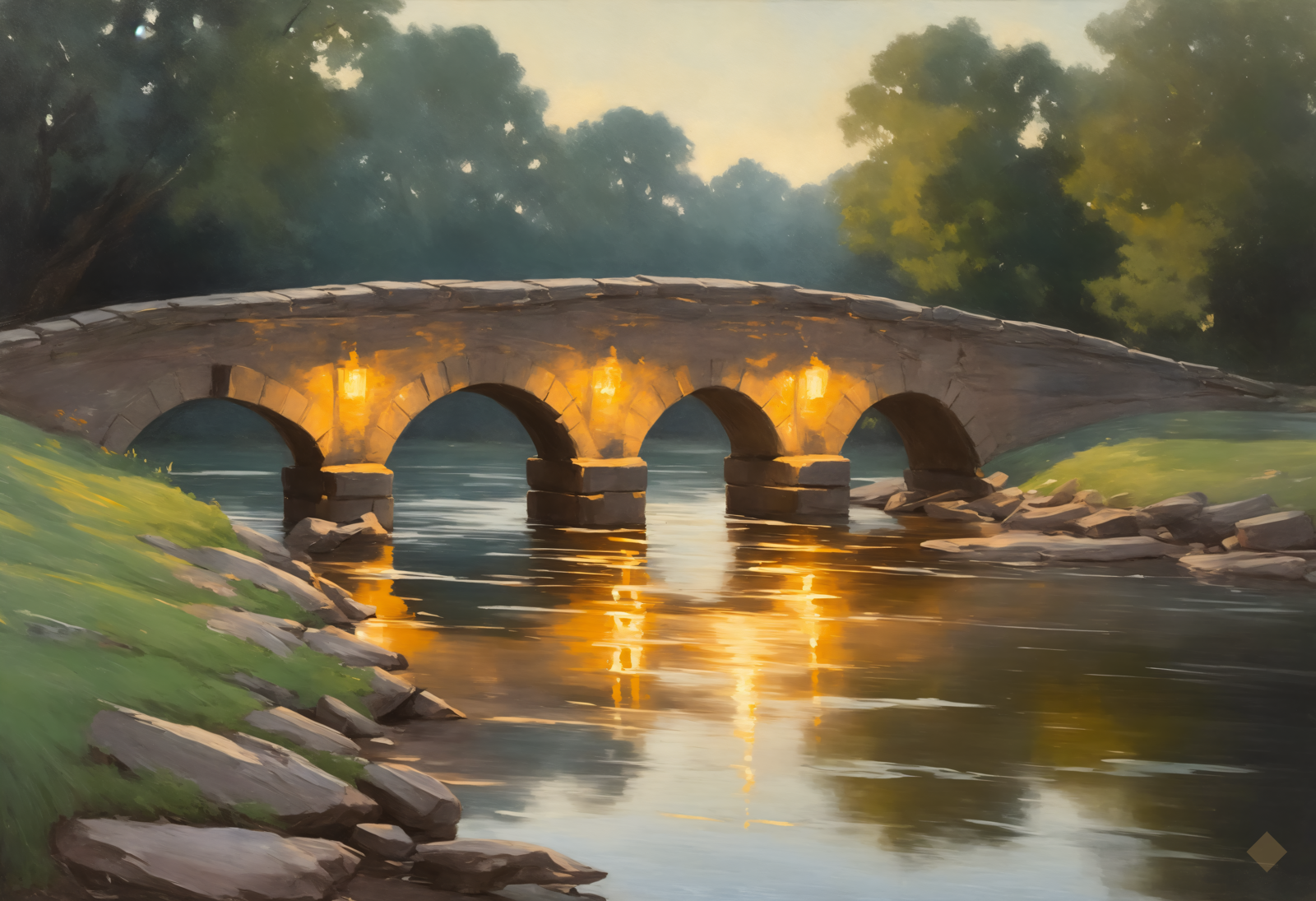 Evening River, Lamplit Bridge