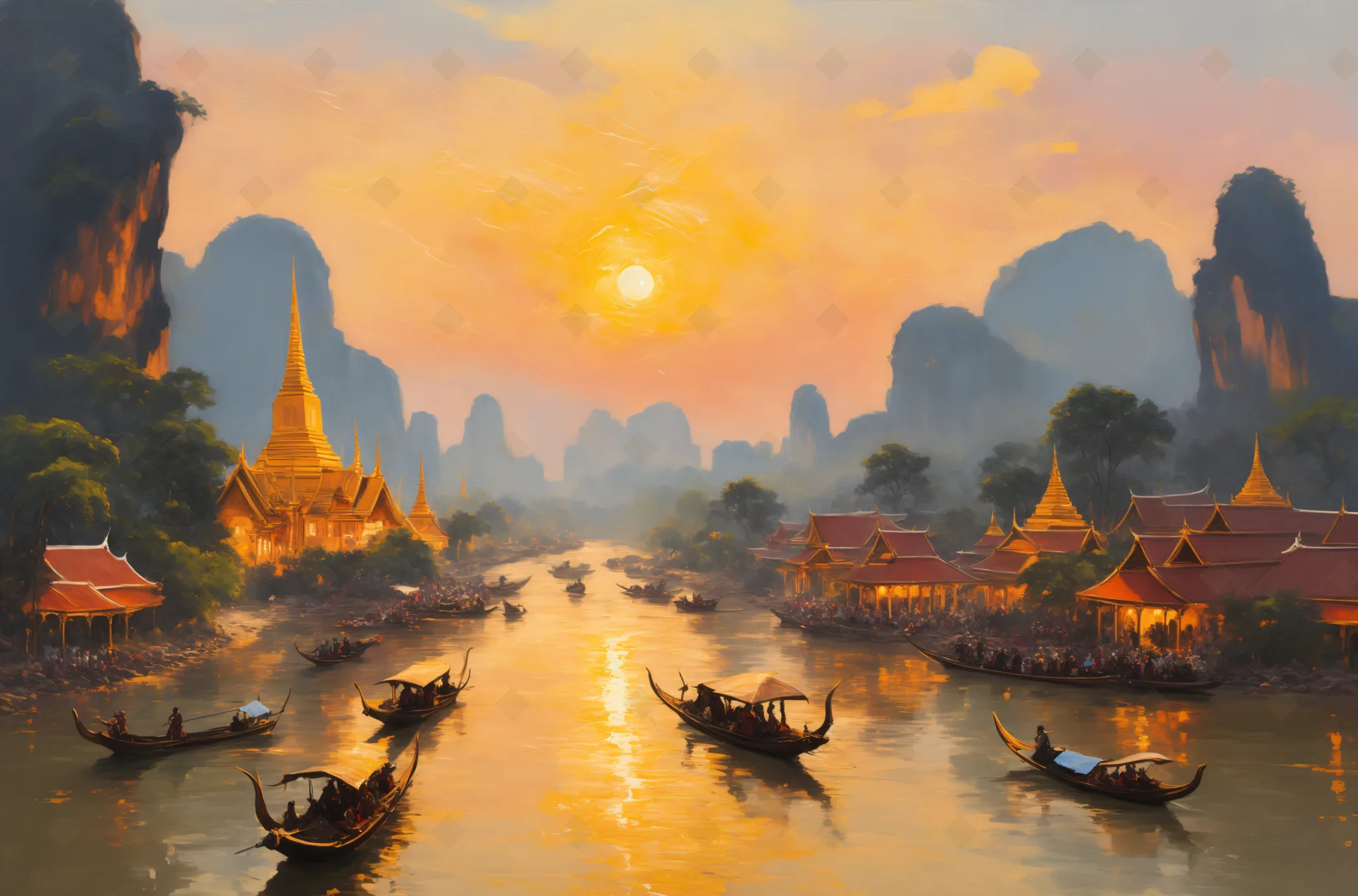 Temple Spires, River Gold — Impressionism digital art print