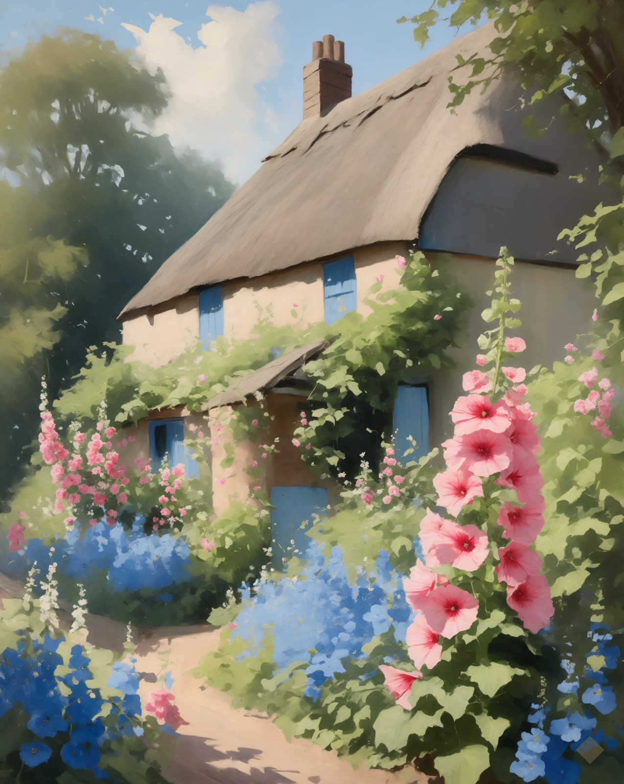 Thatch and Hollyhocks