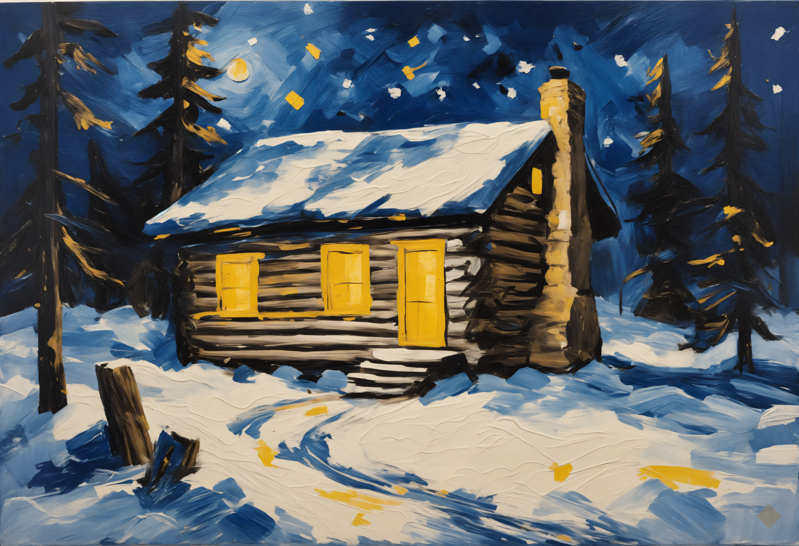 Log Cabin at Night — Christmas digital art print
